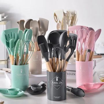 Non-stick 12Pcs Silicone Cooking Utensils Set Wooden Handle Kitchen Cooking Tool